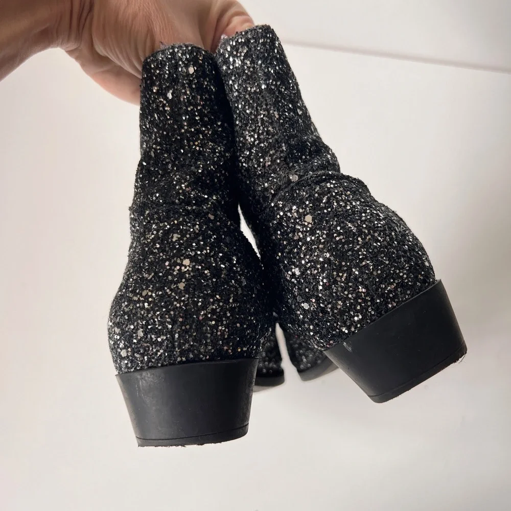 Glitter Chelsea Ankle Boots Sparkly Pointed Toe Rocker Glam Black Silver 9 Women